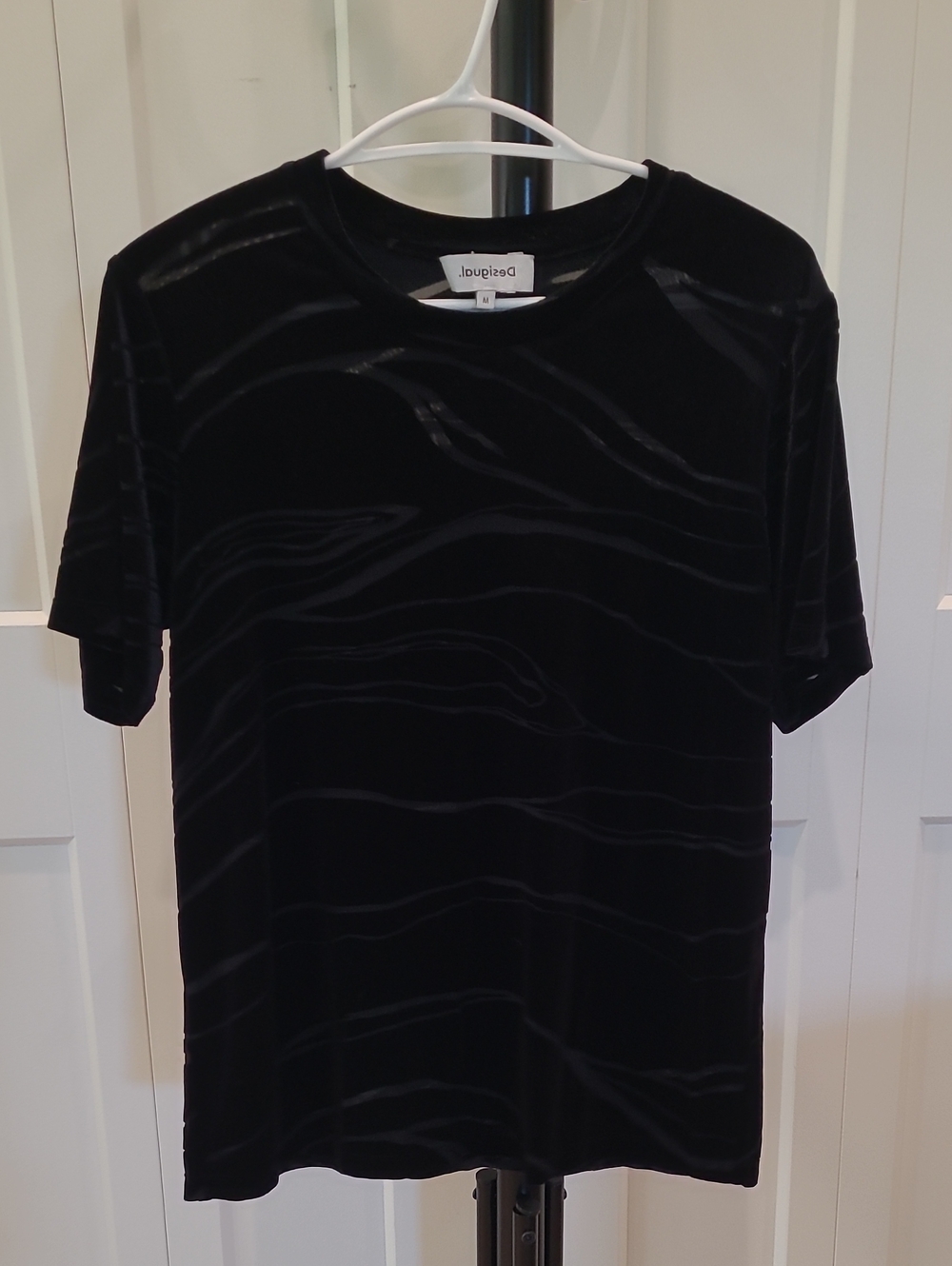 Desigual Black Velvet Short Sleeve Tee with Subtle Wave Sheer Texture